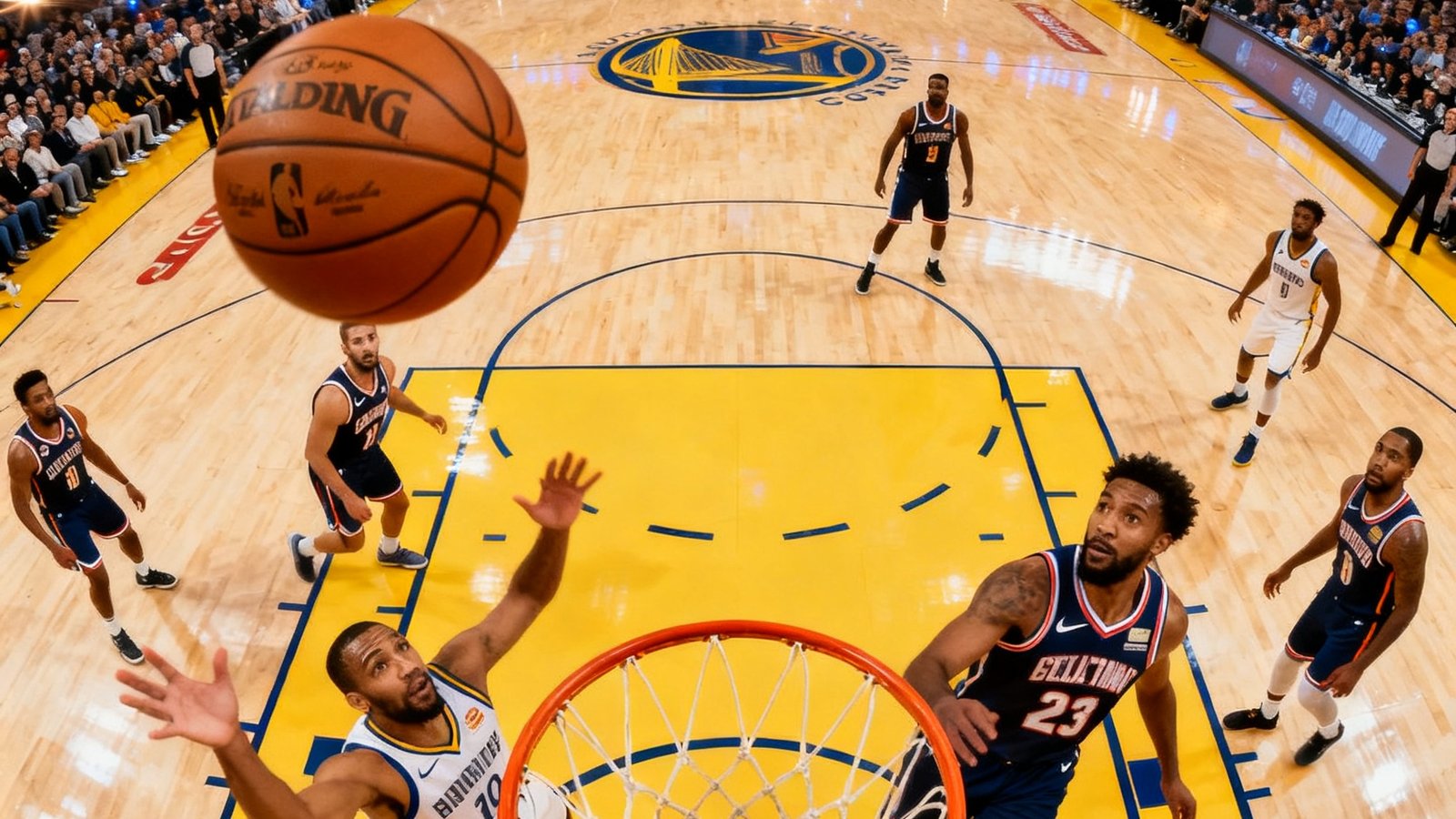 NBA球员在明亮球场上激烈对抗的俯拍视角画面，篮球在空中划出弧线，观众席灯光璀璨